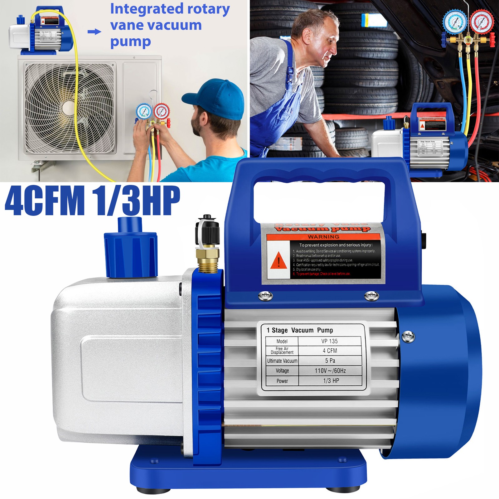 4 CFM 1/3HP Air Vacuum Pump HVAC Manifold Gauge Set AC A/C Refrigeration Kit US