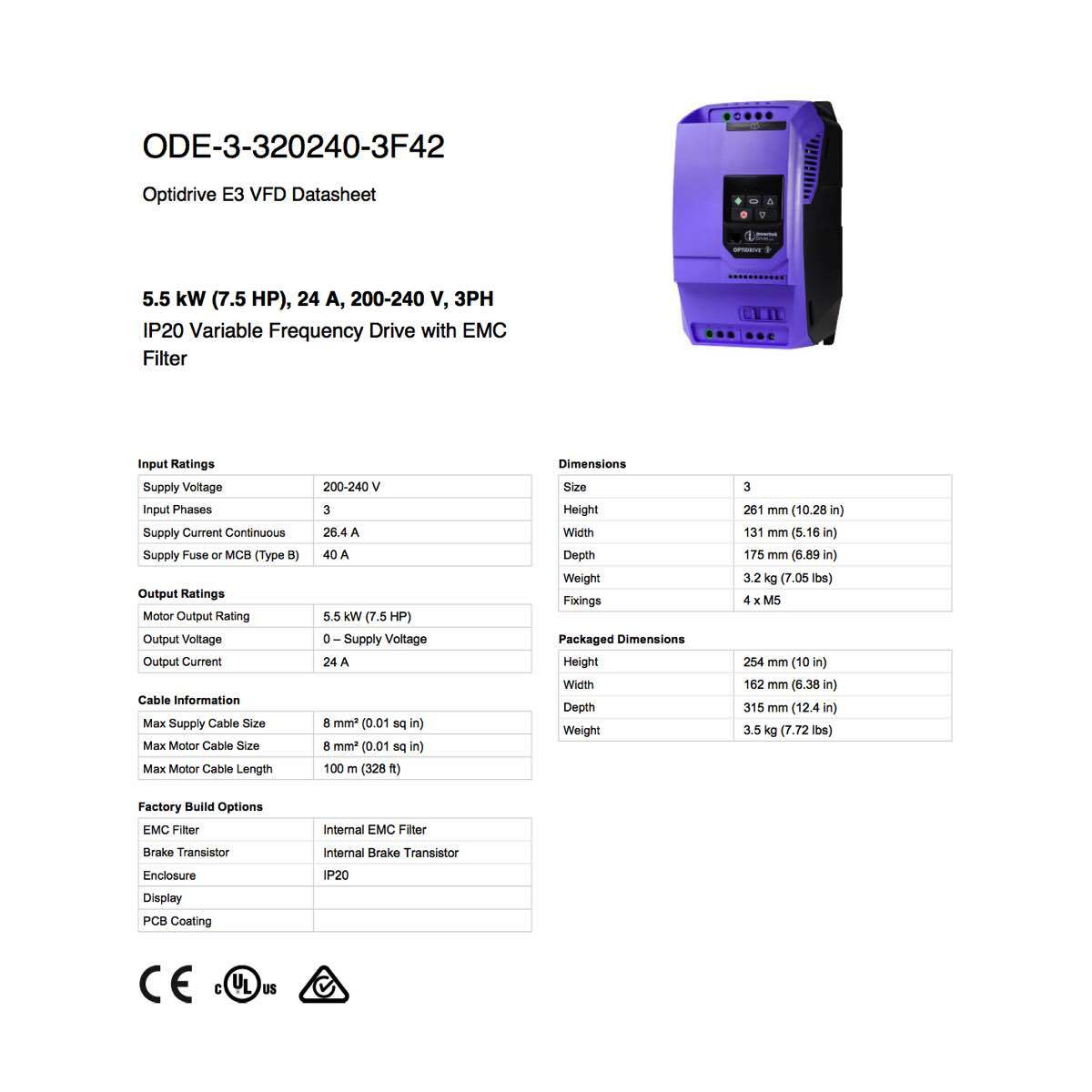 ODE-3-320240-3F42 – Invertek VFD – 7.5HP 24A 200V-240V 3Ph/3Ph – VFDexchange