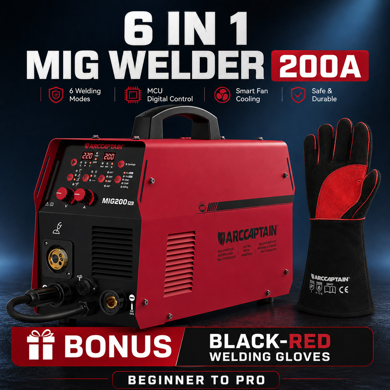 ARCCAPTAIN 6-in-1 Aluminum MIG Welder, 200A Flux Core MIG/Gas MIG/Lift TIG