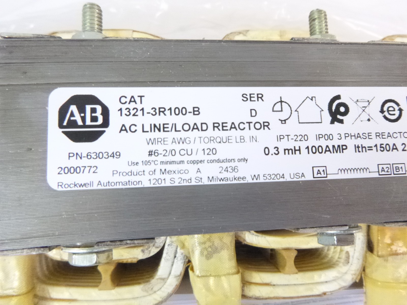 Allen Bradley Input Output Line Reactor Three Phase IP00 UL/NEMA 1321-3R100-B