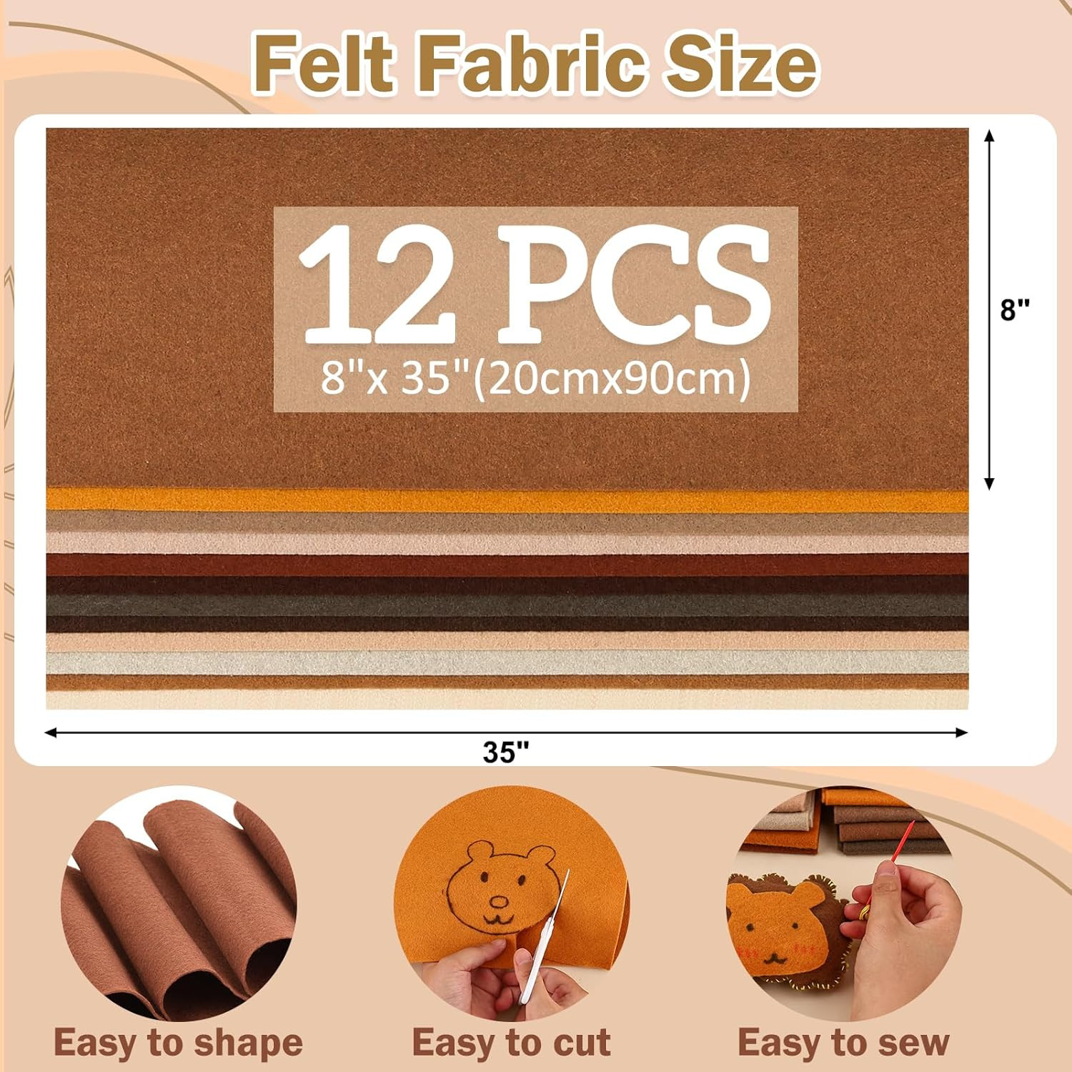 12 Rolls 8″X35″(20.5X90Cm) 1.4Mm Thick Soft Felt Fabric Sheet 12 Assorted Brown