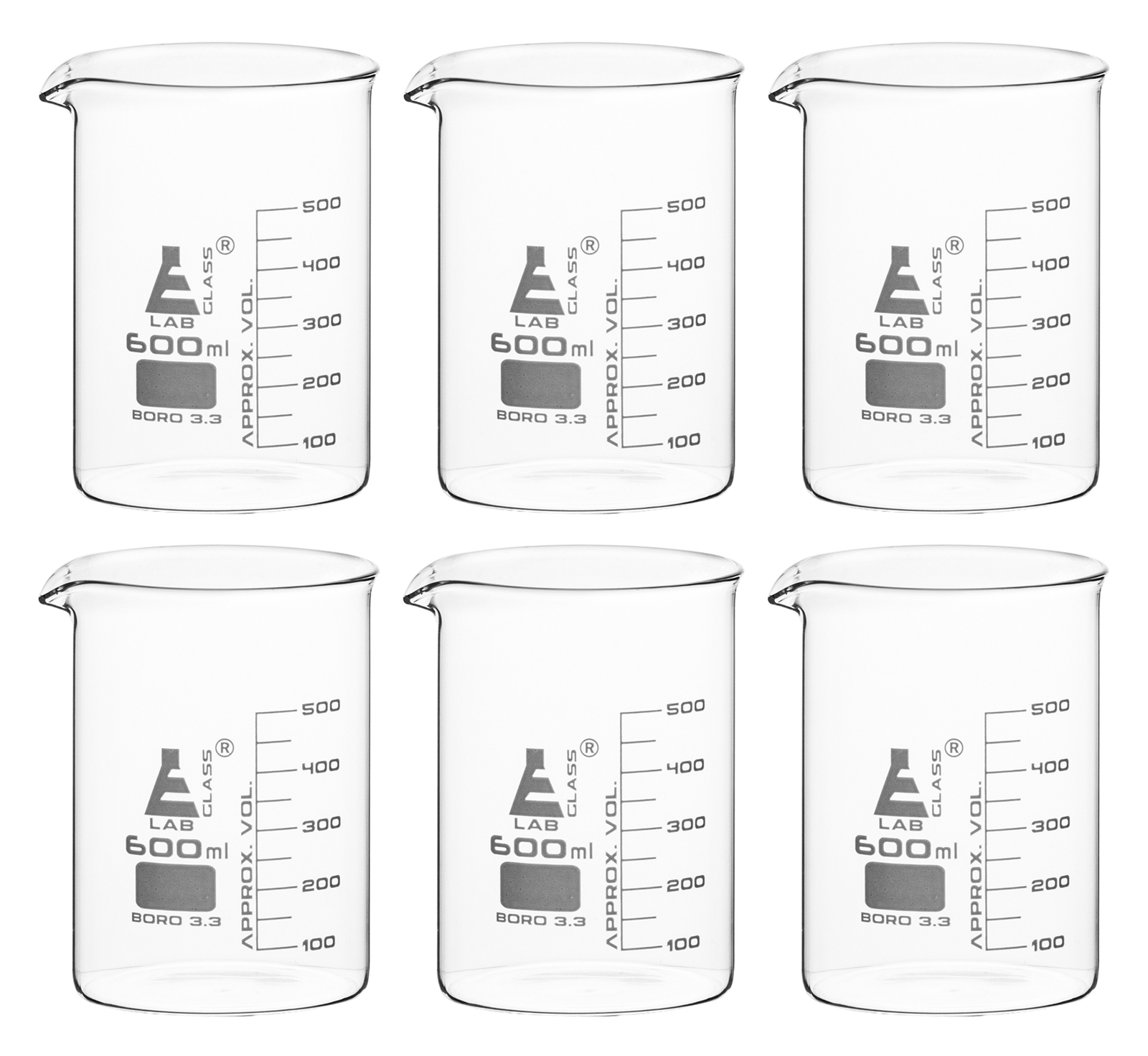 Eisco Labs 600ml Beaker, Borosilicate Glass, 50mL graduation Low form – 6 Pack