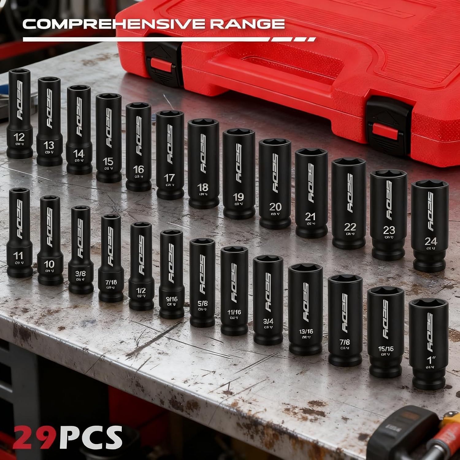 9-Piece 1/2″ Drive Impact Socket Set, SAE (3/8 to 1 inch) and Metric (10-24mm)