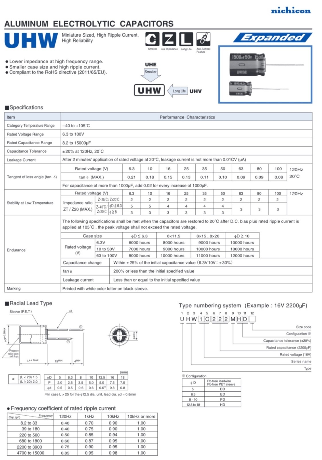 Nichicon UHW1H471MHD6 Radial Capacitor,470uF,50V,±20%,ESR=27mΩ,10000Hrs Lifetime