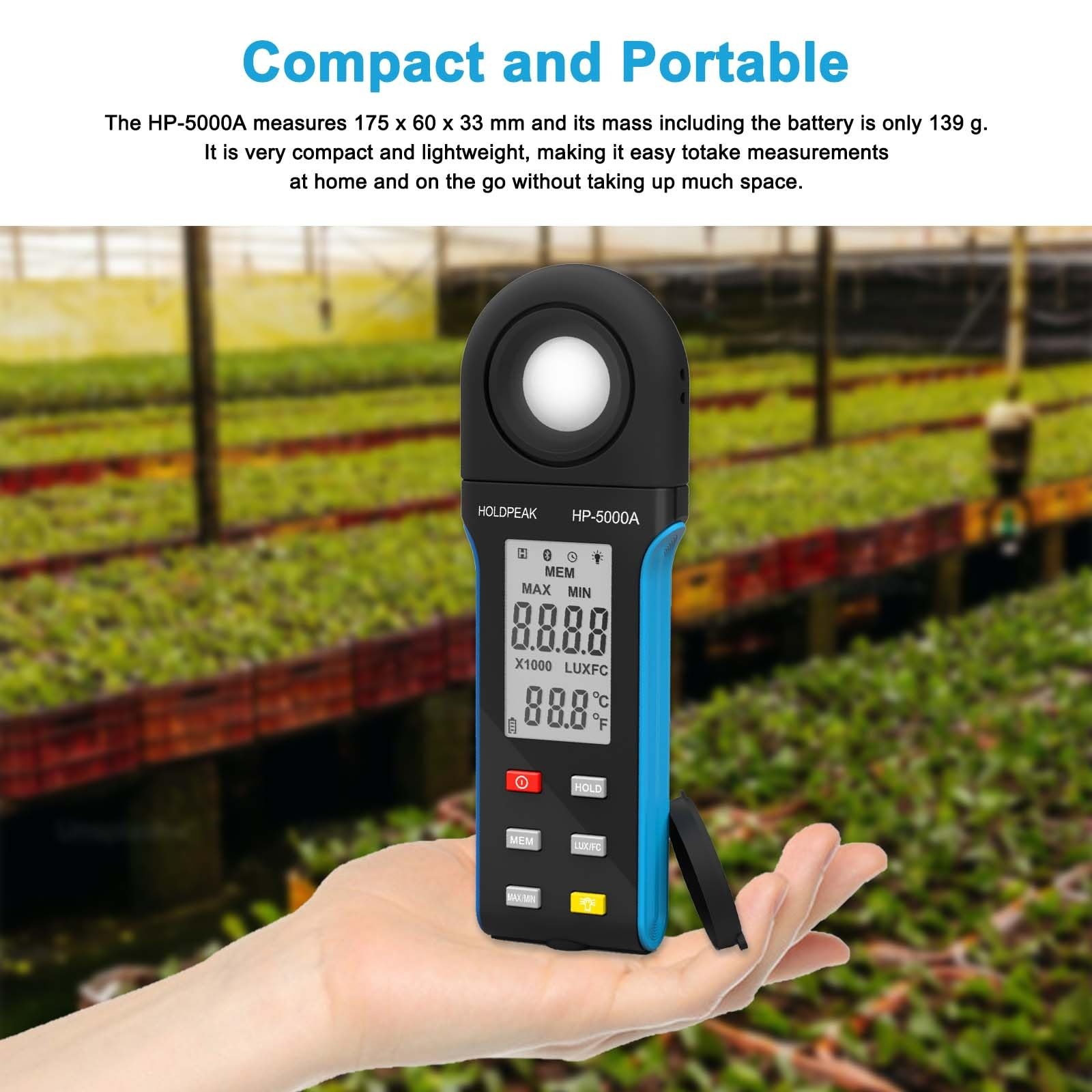 1 Pack HP-5000A Digital Light Meter, 1-400000Lux, LCD, Temp, Lumen, Plants