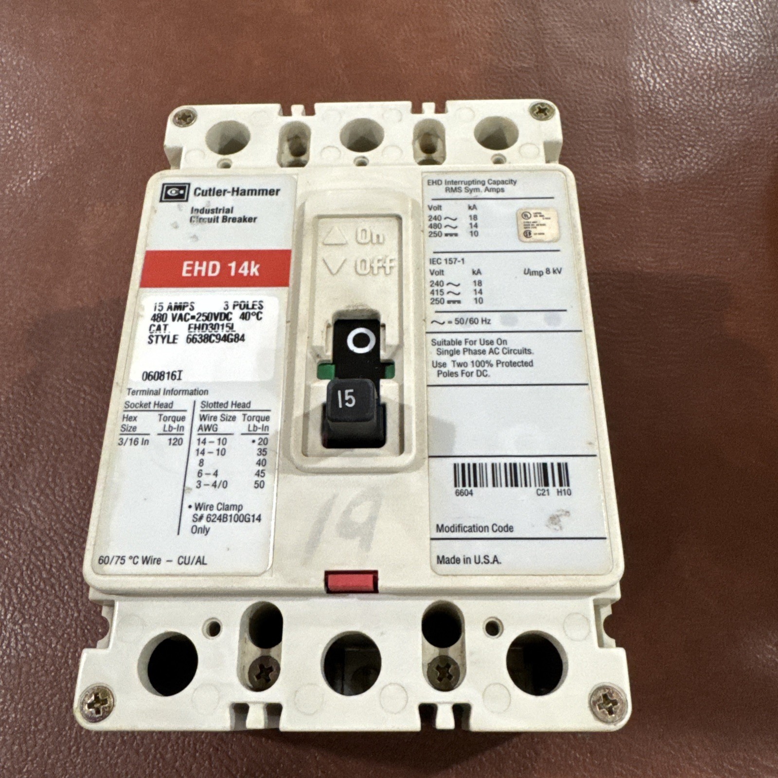 Eaton Cutler Hammer EHD3015L 3P 15A Circuit Breaker 3 Pole 15 Amp 480V EHD 14k