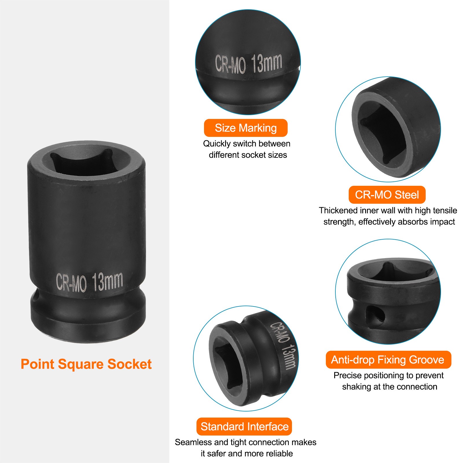4 Point Square Socket 1/2″ Drive 13mm Metric CR-MO Square Impact Wheel Socket