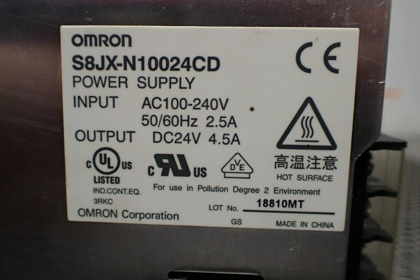 Omron S8JX-N10024CD Power Supply DC24V 4.5A AC100-240V 50/60Hz 2.5A Used