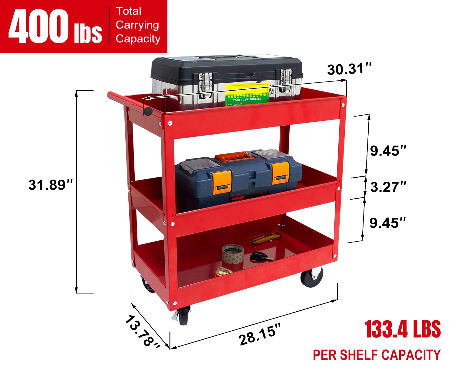400LBS Steel 3-Shelf Rolling Multipurpose Service Tool Cart for Garage Home