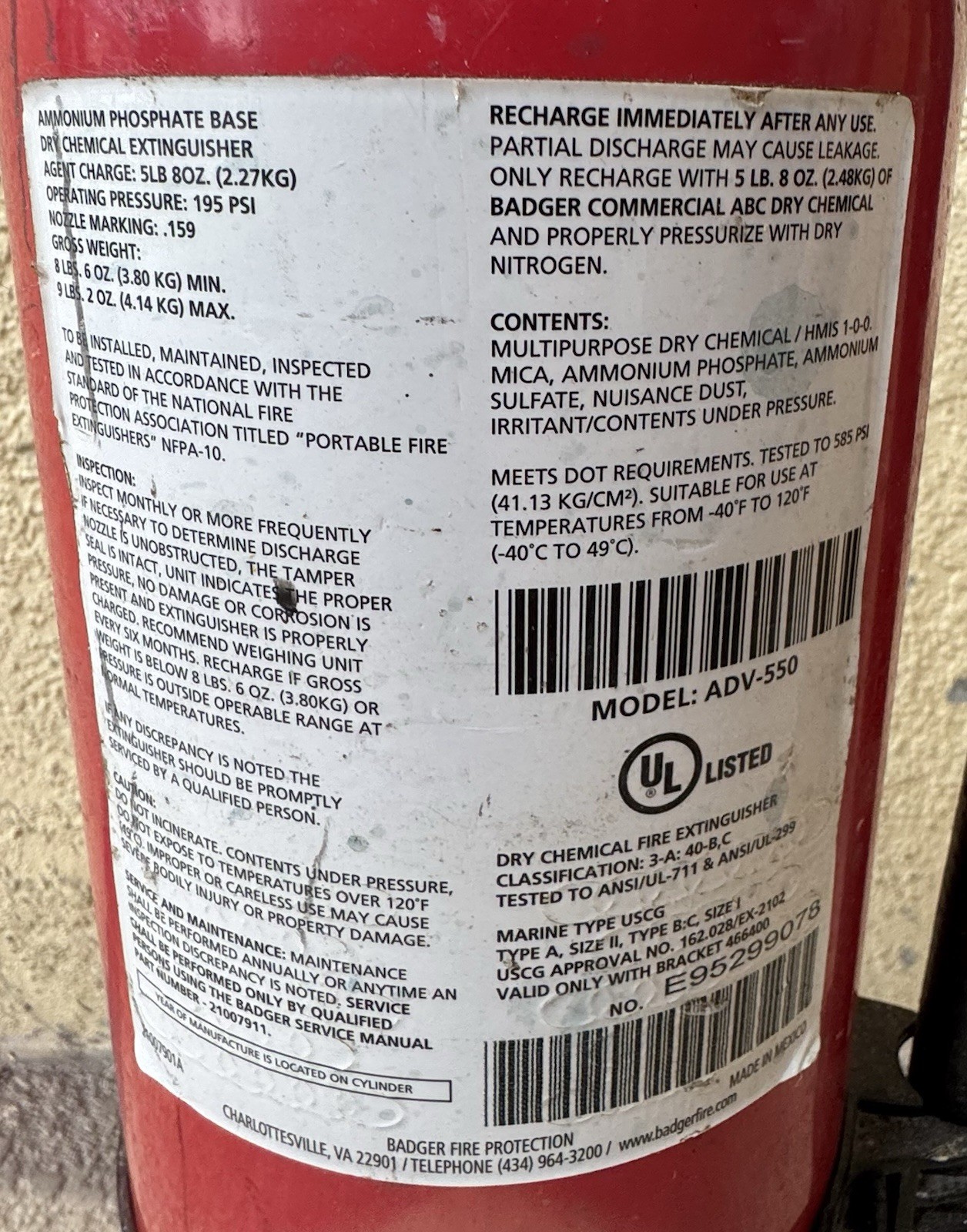 Fire Extinguisher Badger Advantage 5 Pounds «ABC Dry Chemical Model ADV-550