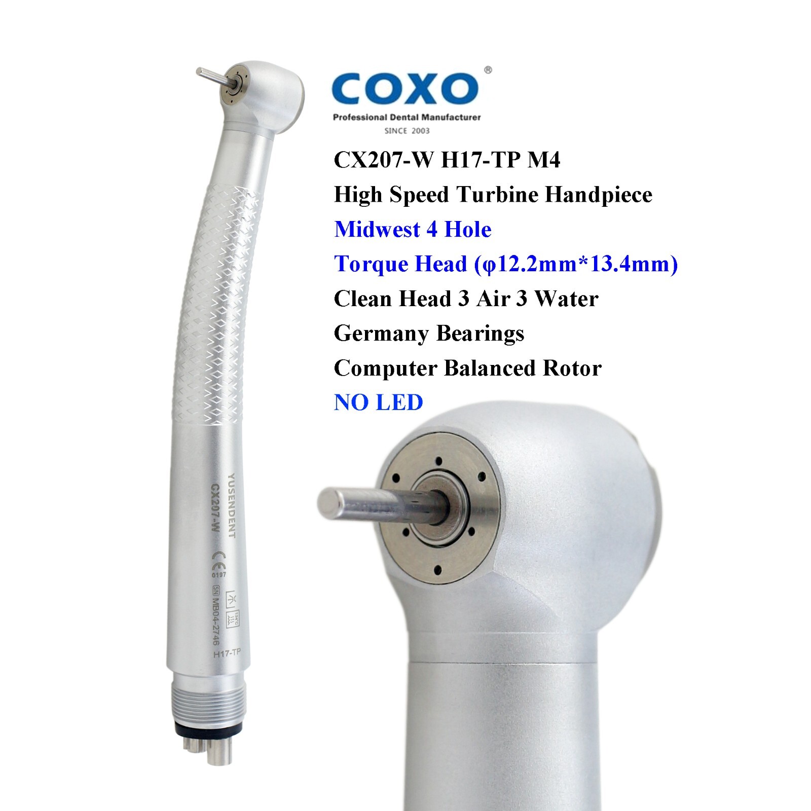 COXO High Speed Handpiece Dental Air Turbine Midwest 4 Hole NO LED CX207-W H17
