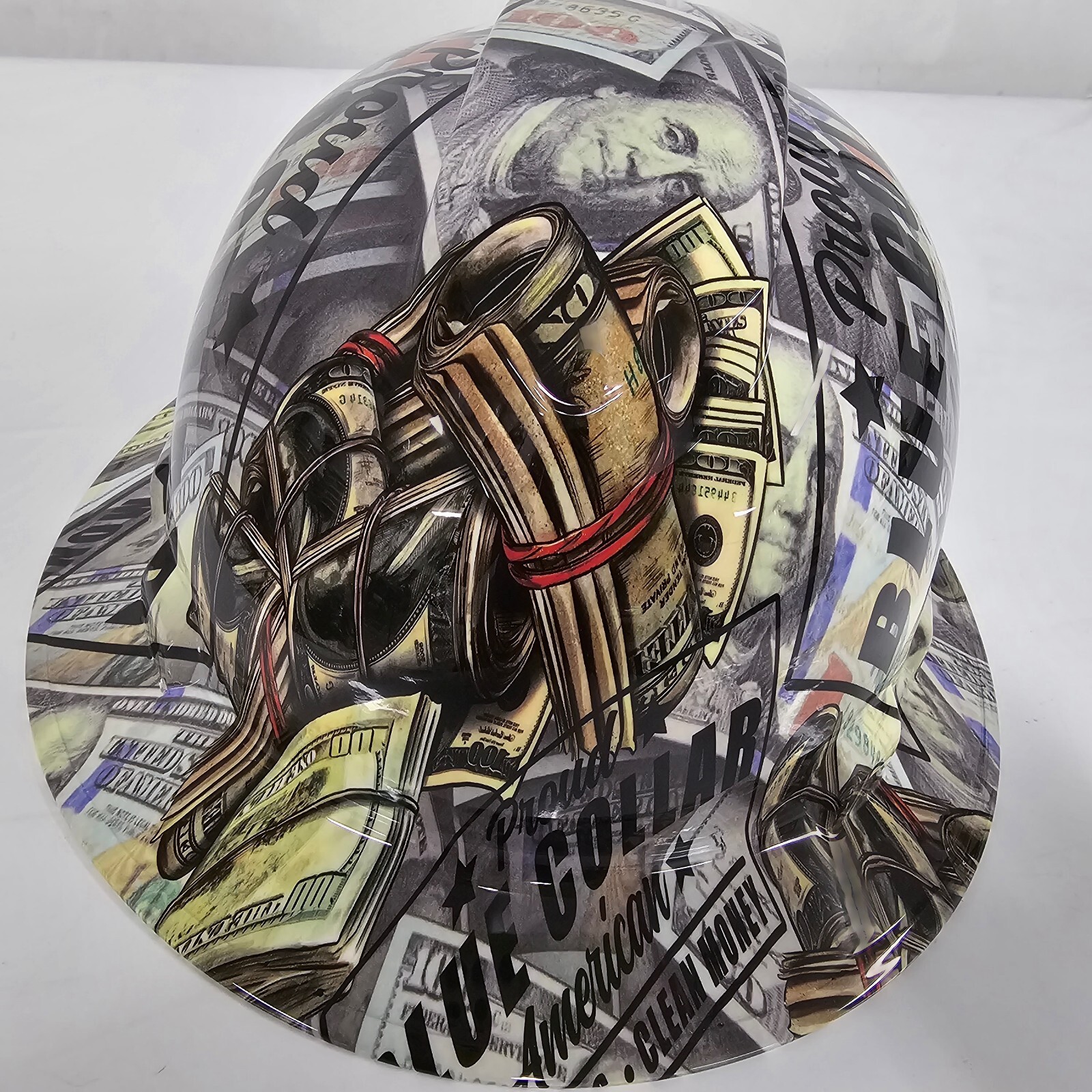 full brim hard hat custom hydro dipped IN BLUE COLLAR DIRTY HANDS CLEAN MONEY
