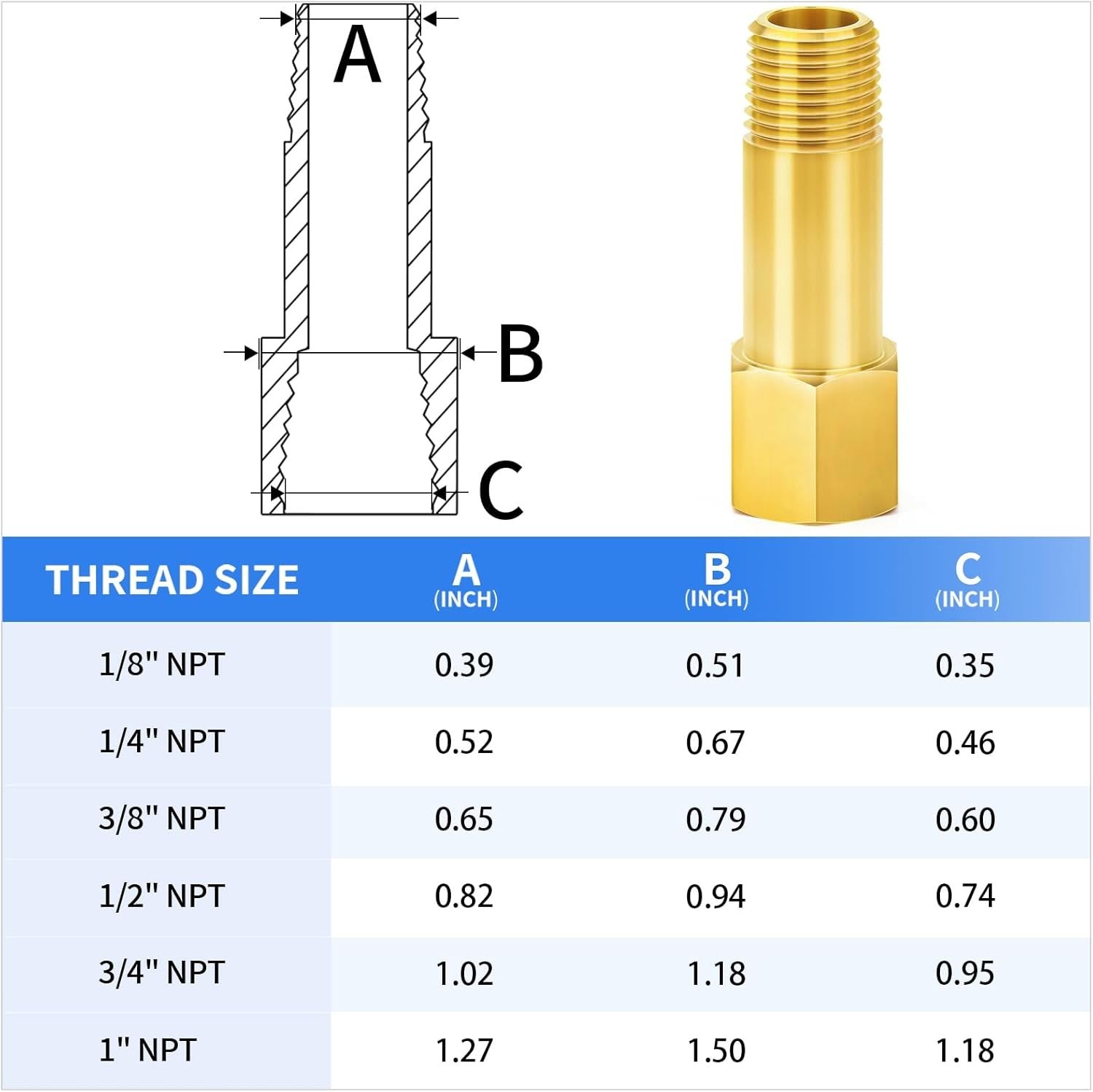 **2 Pack 1/8″ NPT Brass Long Nipple Pipe Male x Female 2″ Length**