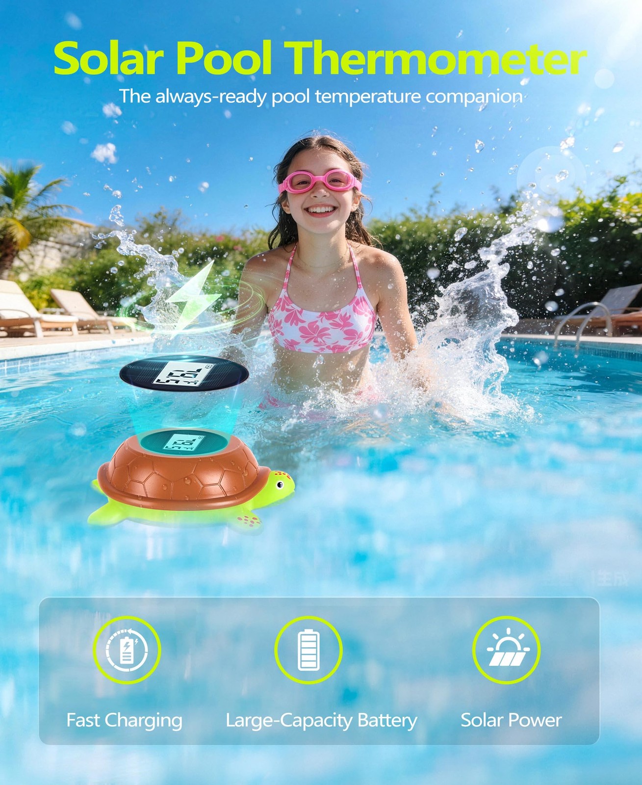 Solar Digital Pool Thermometer with Backlit LCD | ±0.5°F Accuracy, Fast 10s