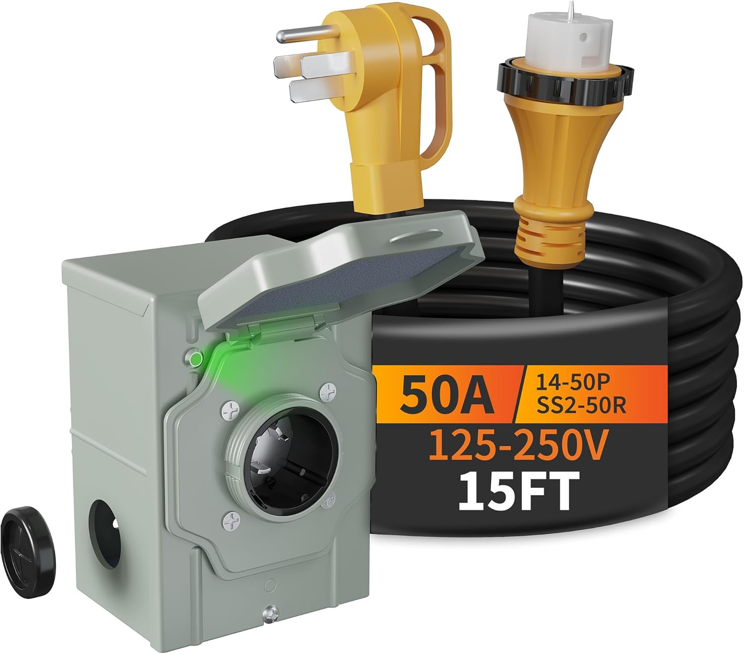 50FT 50 Amp Generator Cord & Inlet Box, NEMA 14-50P, ETL Listed