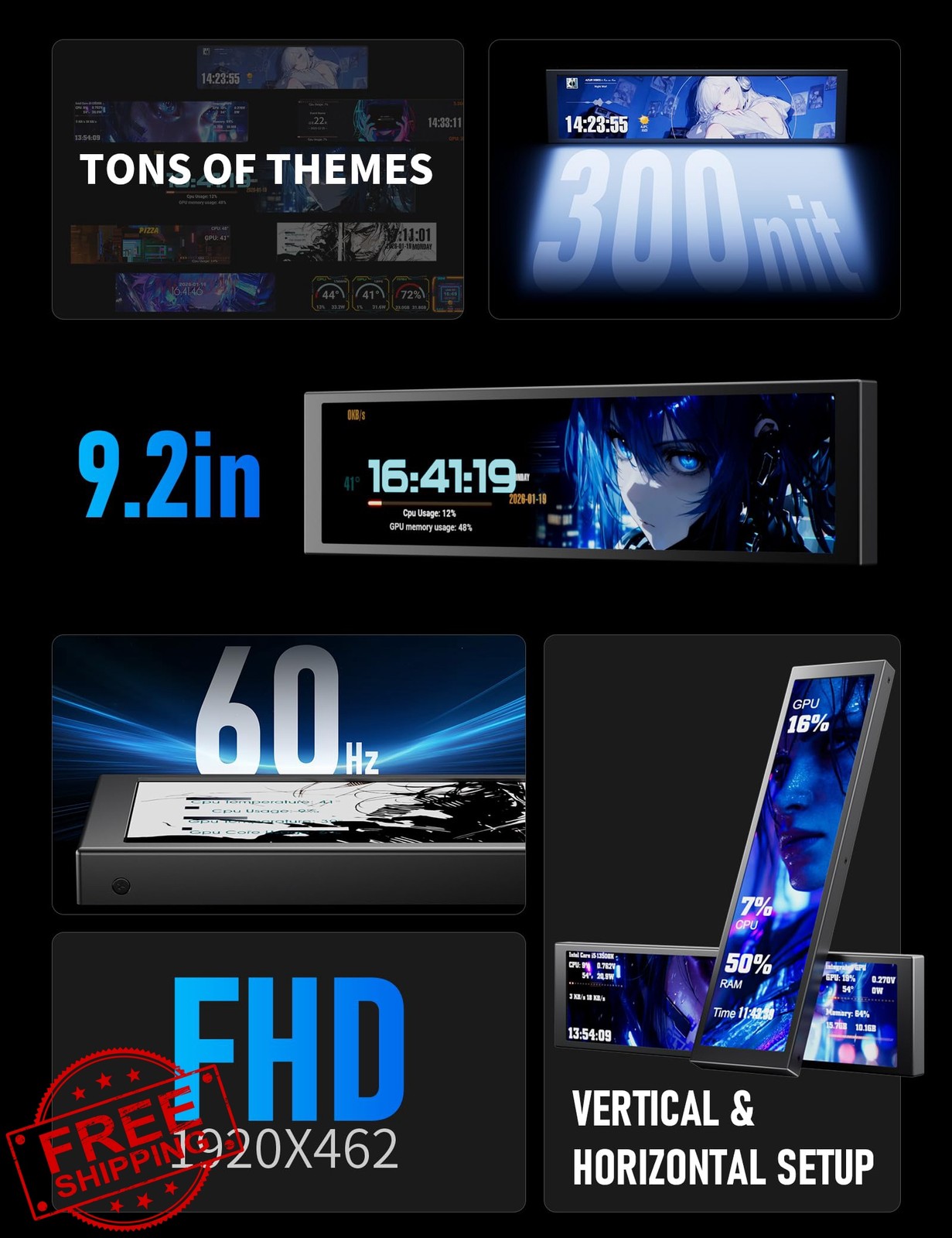 upHere 9.2» IPS LCD Mini Screen PC Temperature Display