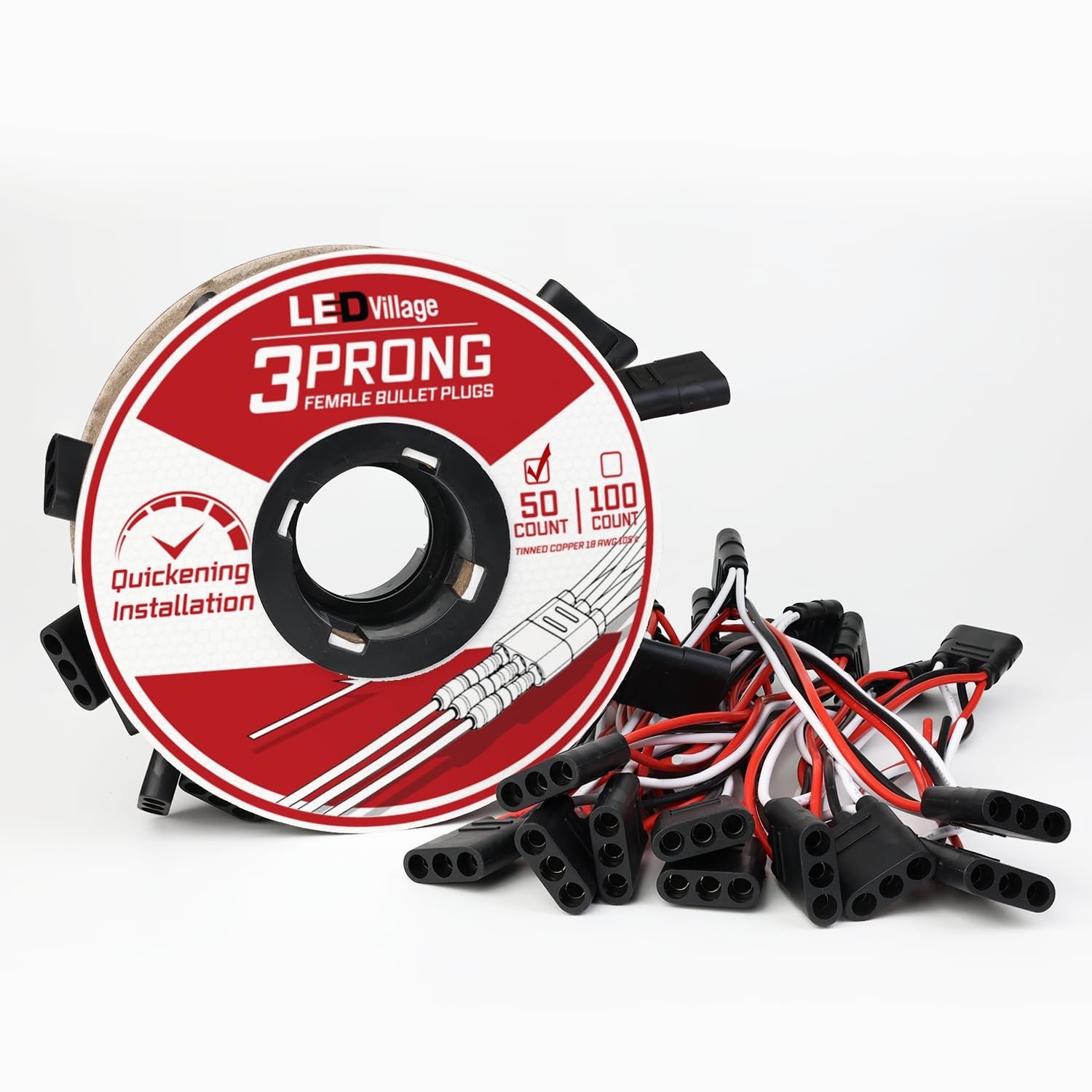 50 Count 3-Prong Female Bullet Plugs Continuous Wire Harness Roll – 6.5″ Lead