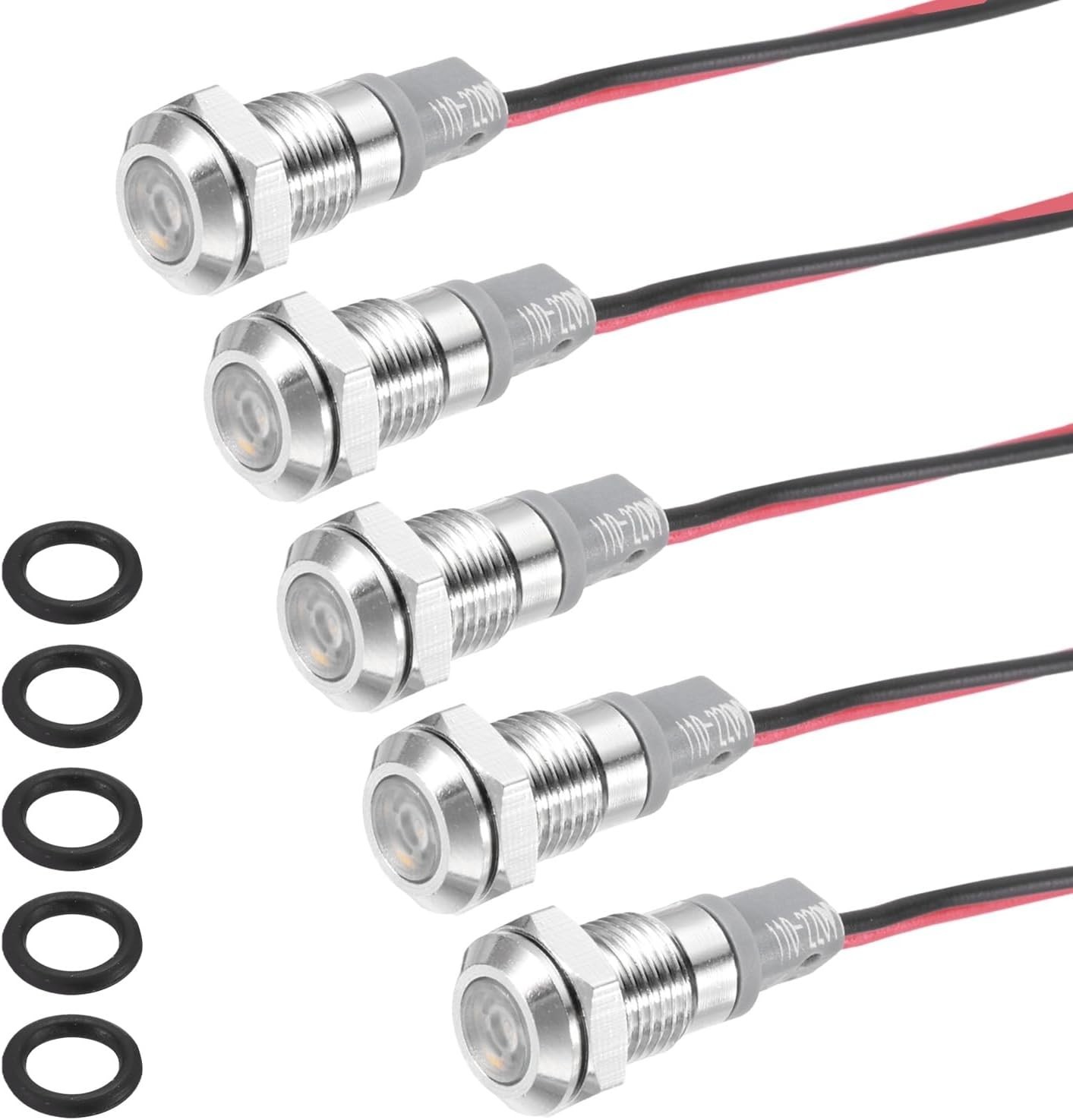 5 Pcs 8mm Nickel-Plated LED Indicator Light with 150mm Cable for 110V-220V