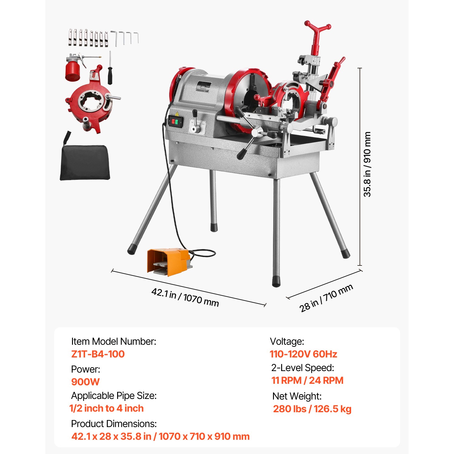 Electric Pipe Threader Machine 900W 2-Speed Threading Cutter for 1/2″ to 4″ Pipe
