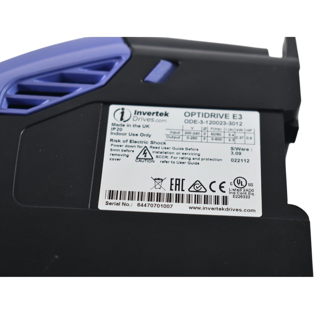 Invertek Drives OPTIDRIVE E3 ODE-3-120023-3012 VFD 0.5HP 240V 3 Phase AC Drive