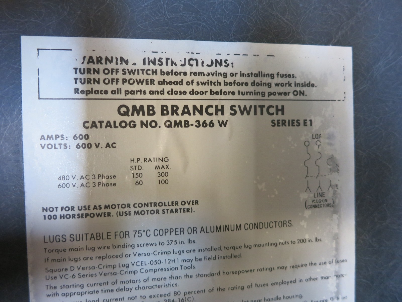 Square D QMB-366W 600A 600V Fusible Panelboard Switch QMB366W Fused 600 Amp E1