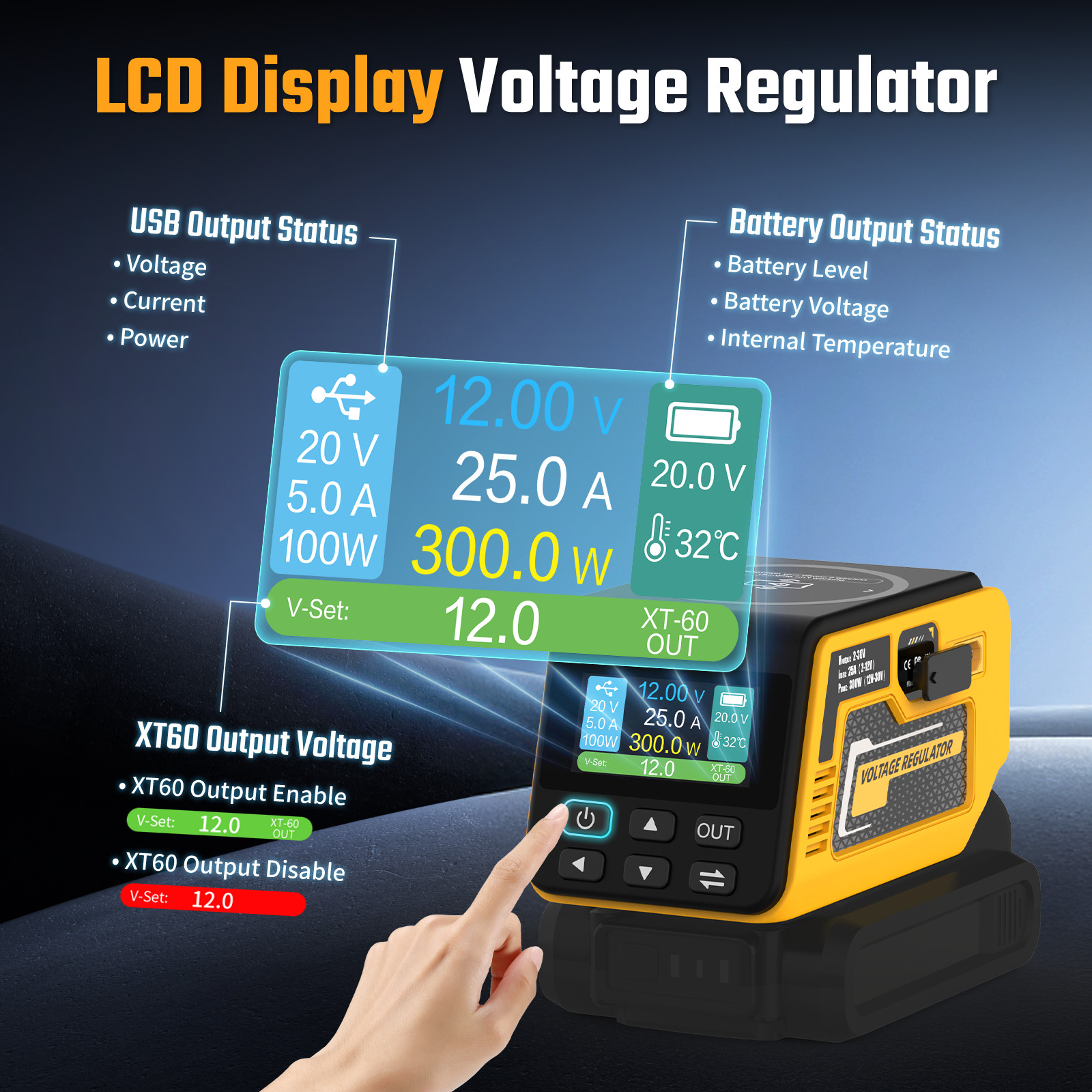 300W Power Regulator Compatible with Dewalt 20V Battery, 2-30V DC Adjustable
