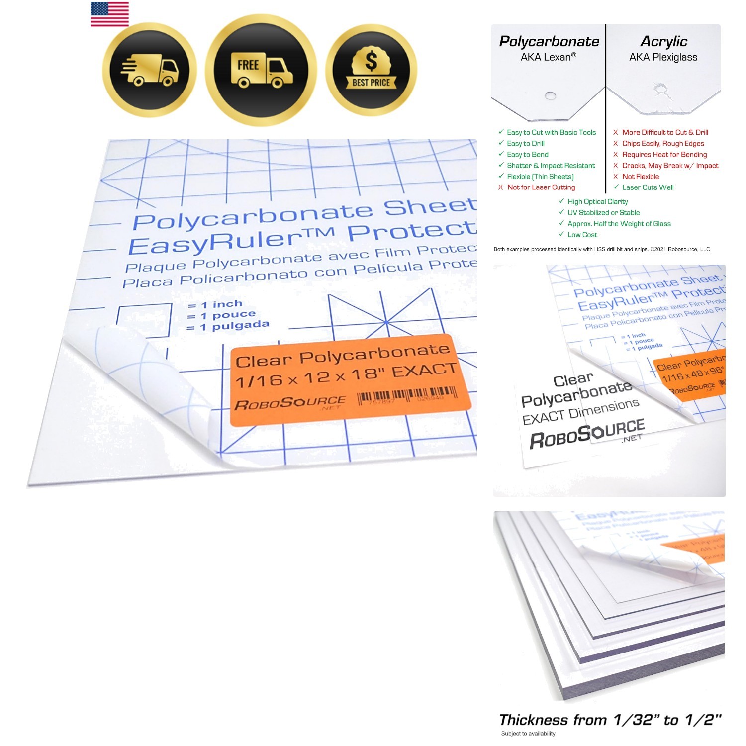 Polycarbonate Clear Plastic Sheet 12″ X 18″ X 0.0625″ 1/16″ Exact, EasyRuler …