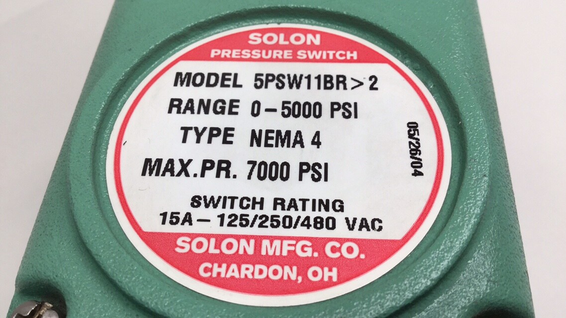 Solon 5PSW11BR 2 Pressure Switch 0-5000psi 7000psi max 15A 125/250/480VAC Nema 4