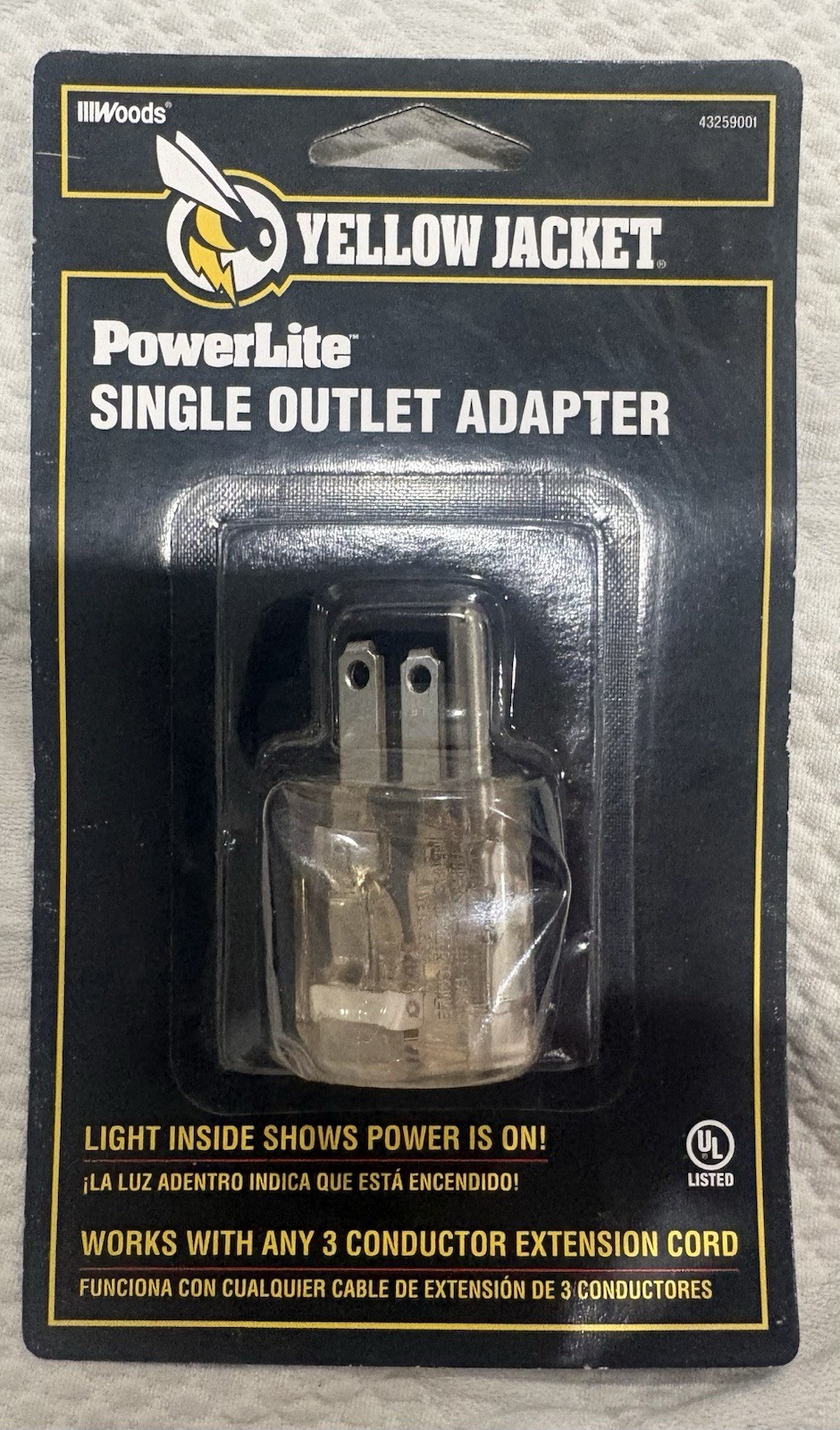 SOUTHWIRE YELLOWJACKET SINGLE OUTLET LIGHTED 15 AMP 125 VOLTS 1875 WATTS ADAPTER