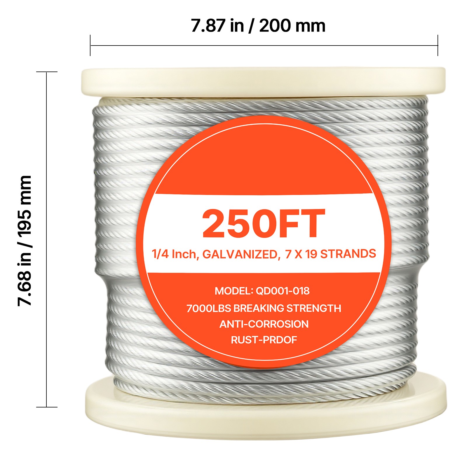 Uimoso Galvanized Carbon Steel Wire Rope 1/4 in 7×19, 250 ft Cable for Railing
