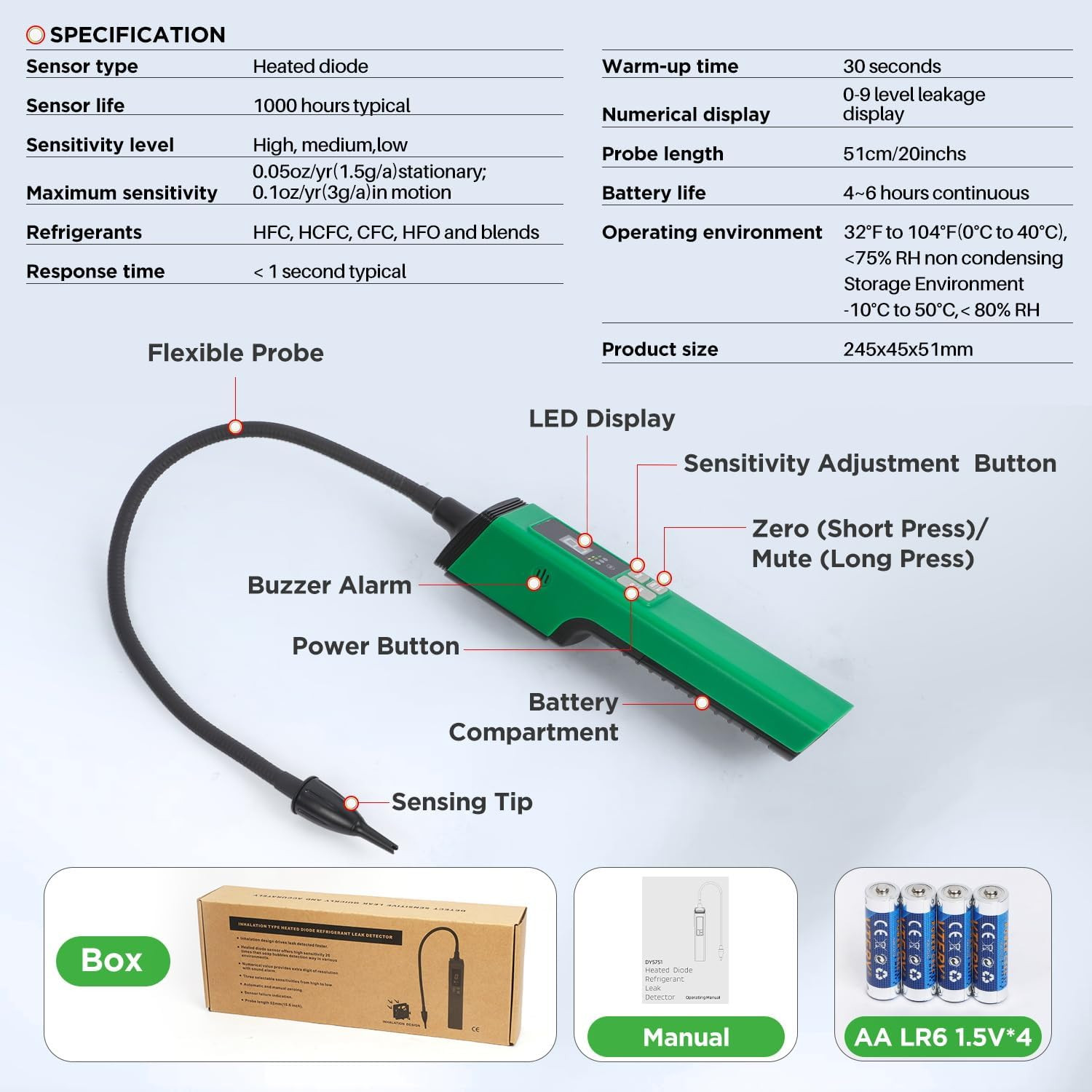 HVAC Refrigerant Leak Detector, Heated Diode Sensor & 0.05 Oz/Yr – Max Sensitivi