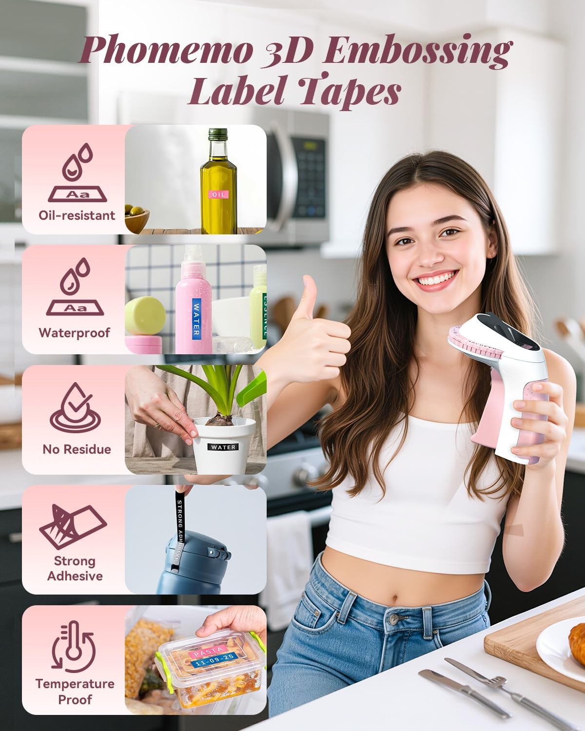Phomemo Embossing Label Maker Machine, label maker with 6 tapes, Pink