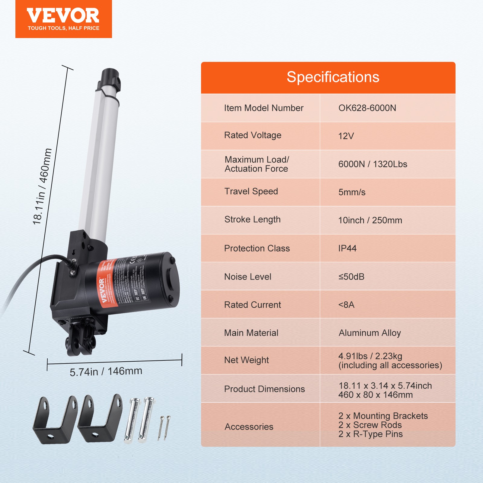 VEVOR Linear Actuator 12V 10In Heavy Duty 1320lbs/6000N 0.19″/s IP44 Protection