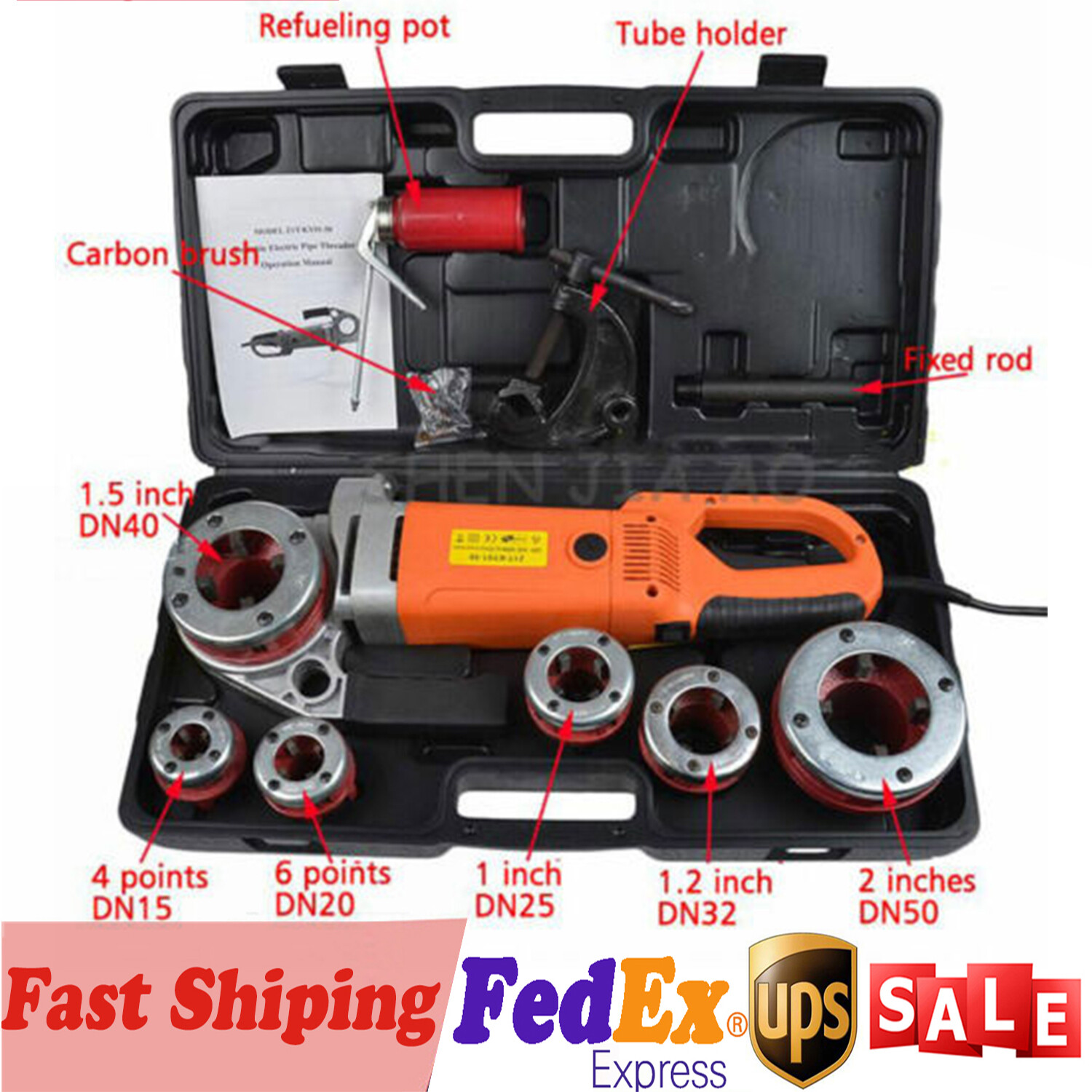 Portable Electric Pipe Threading Machine with Clamp & 6 Interchangeable Dies