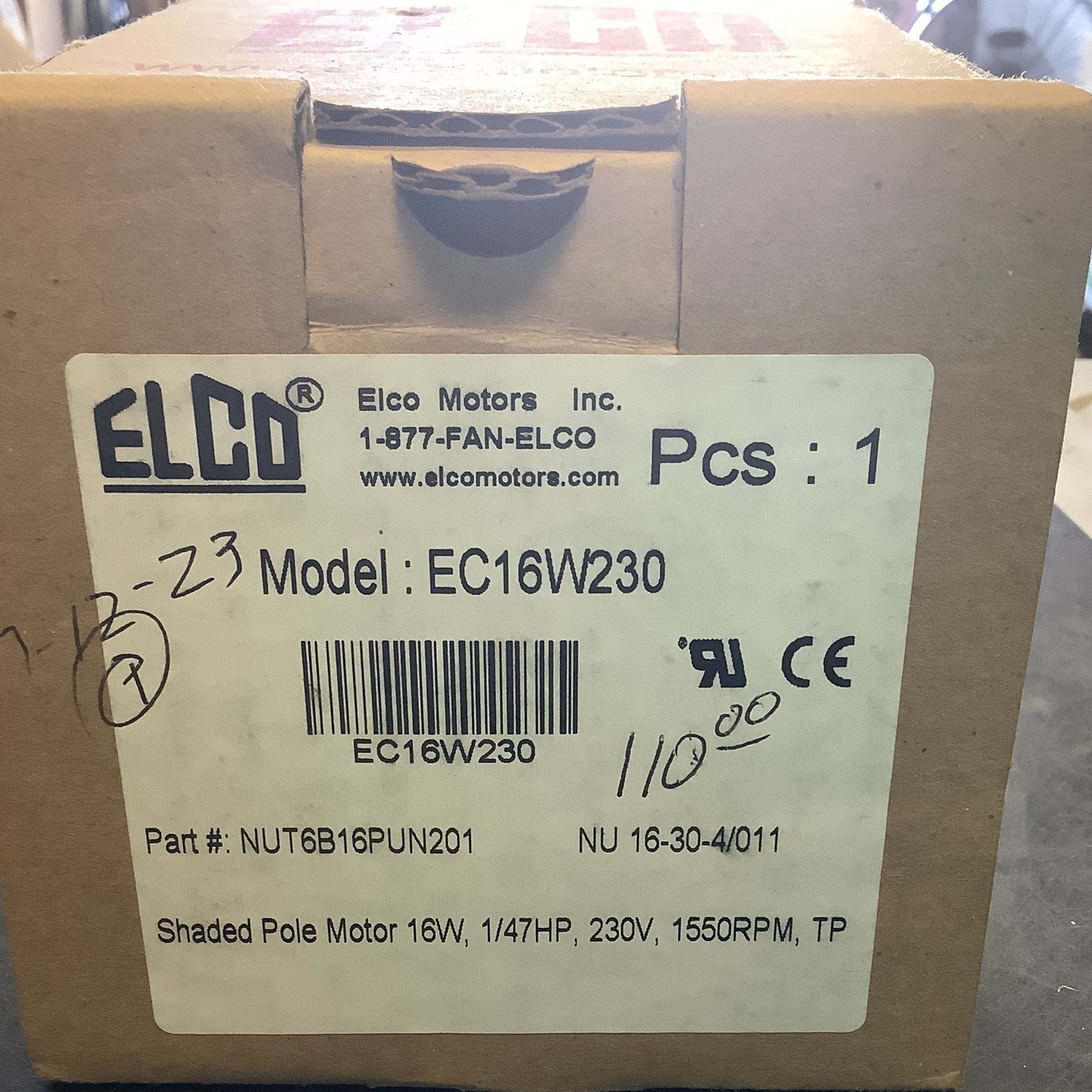 ELCO EC16W230 Shaded Pole Motor 16 W, 1/47 HP, 230V, 1550RPM