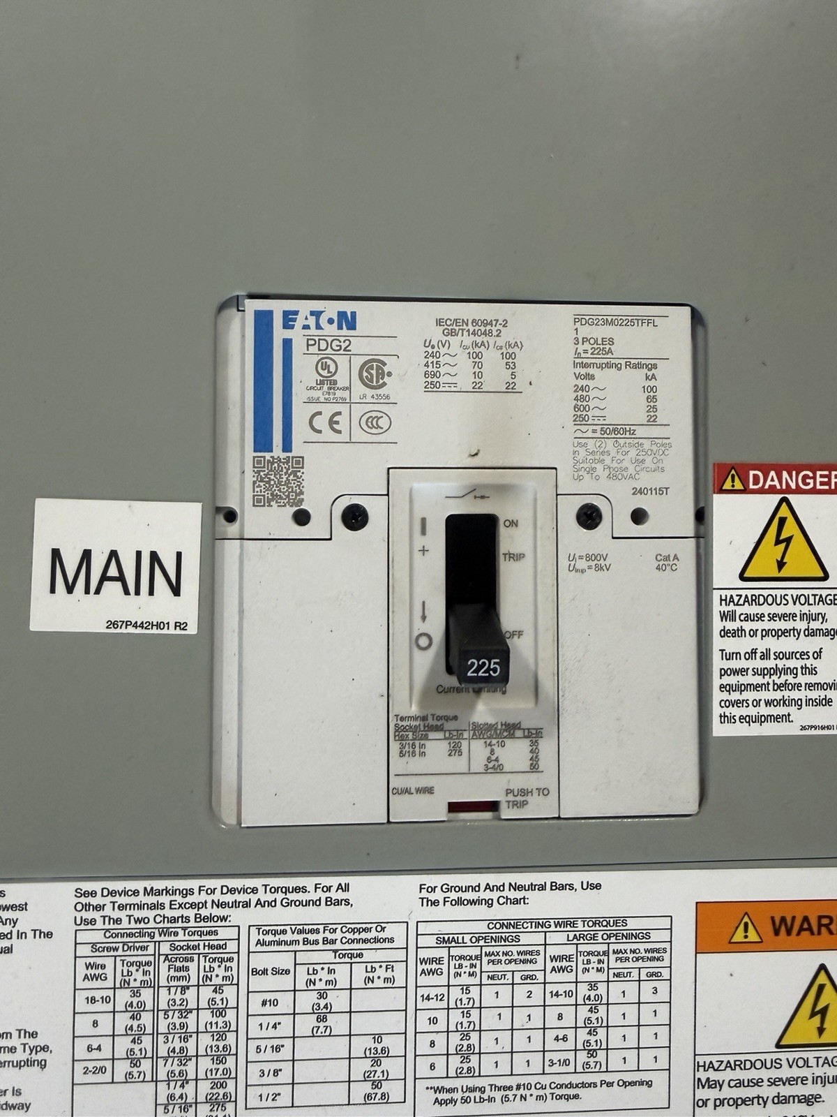 1-EATON PRL3X 250A 480/277V 3P4W MAIN BREAKER PANELBOARD NEMA 1 SURFACE 72” NEW
