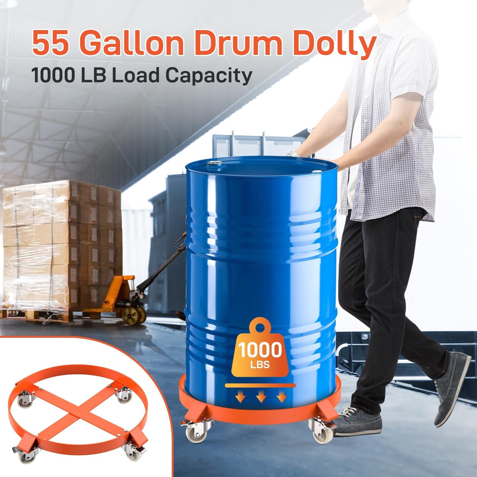 1 pack / 2 pack 55 Gallon Drum Dolly Barrel Dolly Cart with Steel Frame Orange