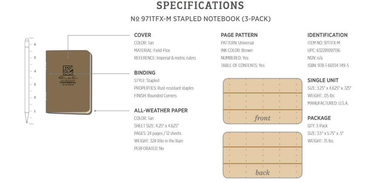 Rite In The Rain Mini Side Stapled Binding Notebook 3 Pack Tan Field-Flex Cover