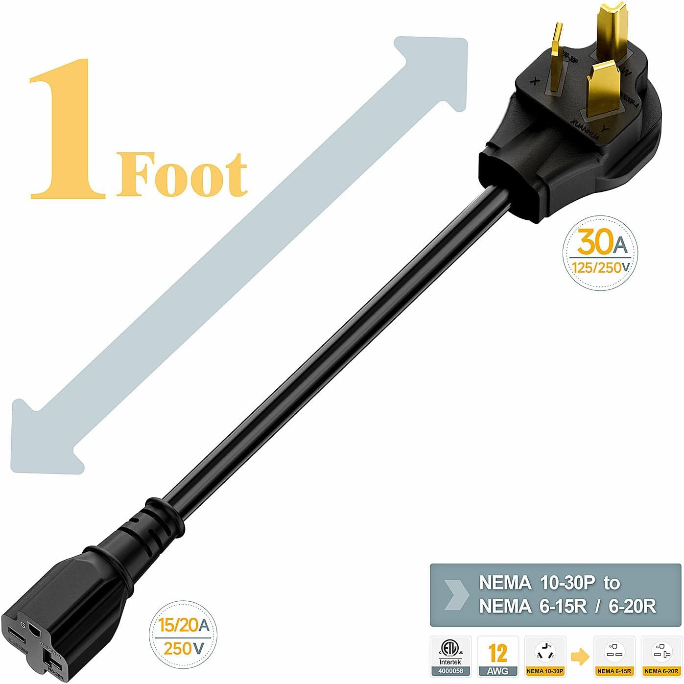 Nema 10-30P to 6-20R Dryer Plug Adapter 30A 125/250V to 20A 250V 12AWG 1FT