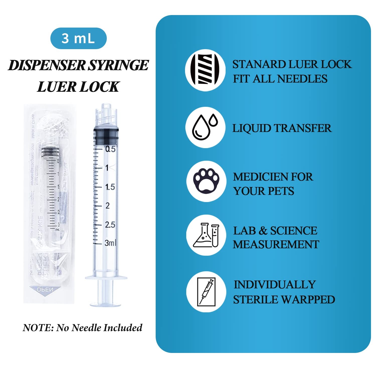 100 Pack 3ml Syringes Luer Lock with Cap, 3cc Syringe without Needle, 3ML