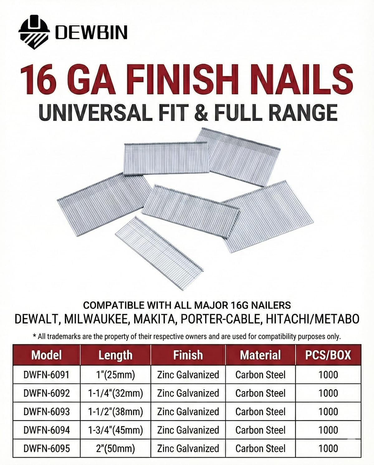 DEWBIN 16 Gauge Finish Nails, 1000 Cts 1-Inch Galvanized 16GA
