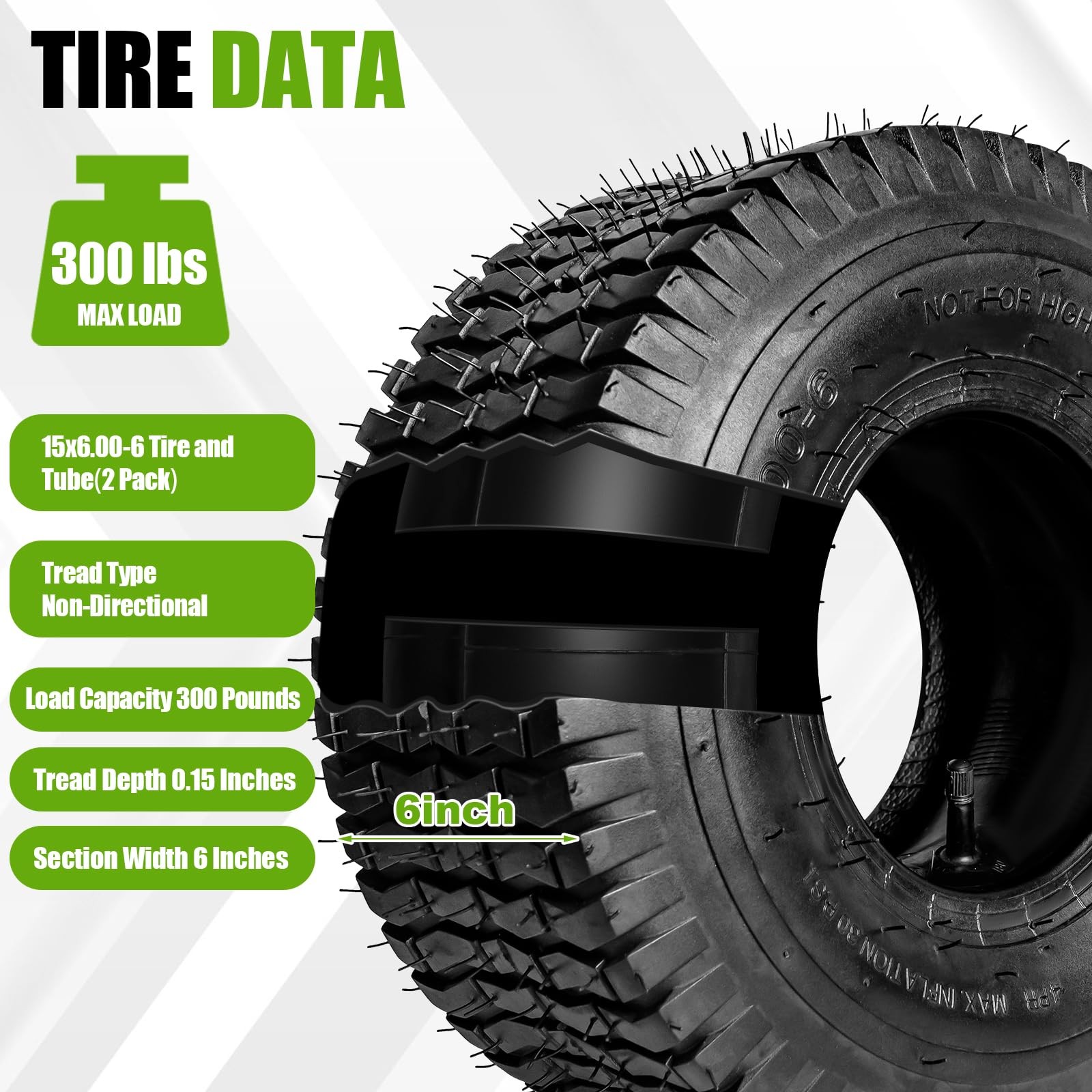 15×6.00-6 Lawn Mower Tire and Inner Tube Set 2 Pack TR-13 Straight