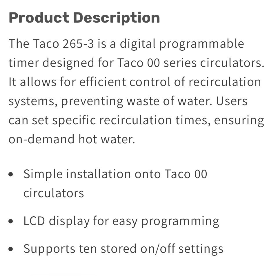 Taco 265-3 Digital Timer-w/ 1/2” Adapters-New w/ Instructions in Ripped Box