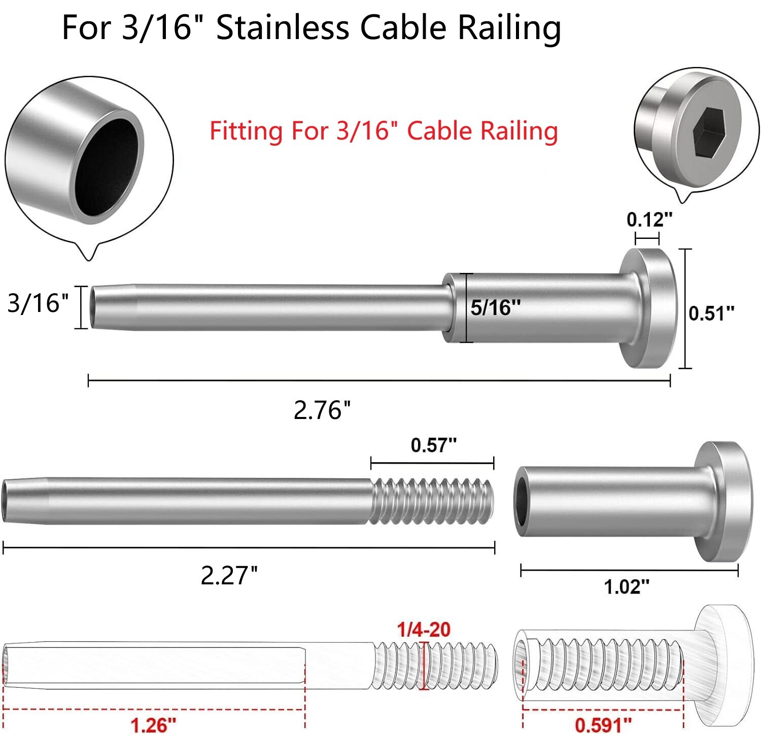 Lot T316 3/16″ Stainless Steel Swage Threaded Invisible Tensioner Cable Railing