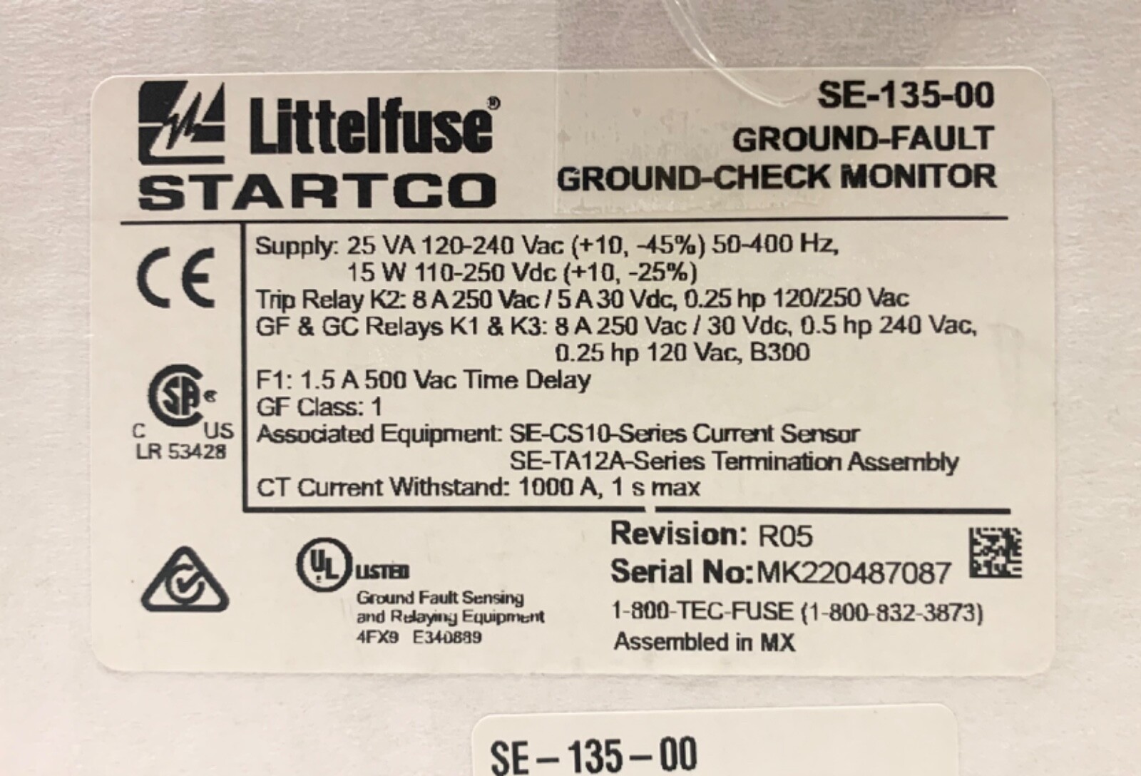 Littlefuse STARCO SE 135 00 Ground Fault Ground Check Monitor SE-135-00
