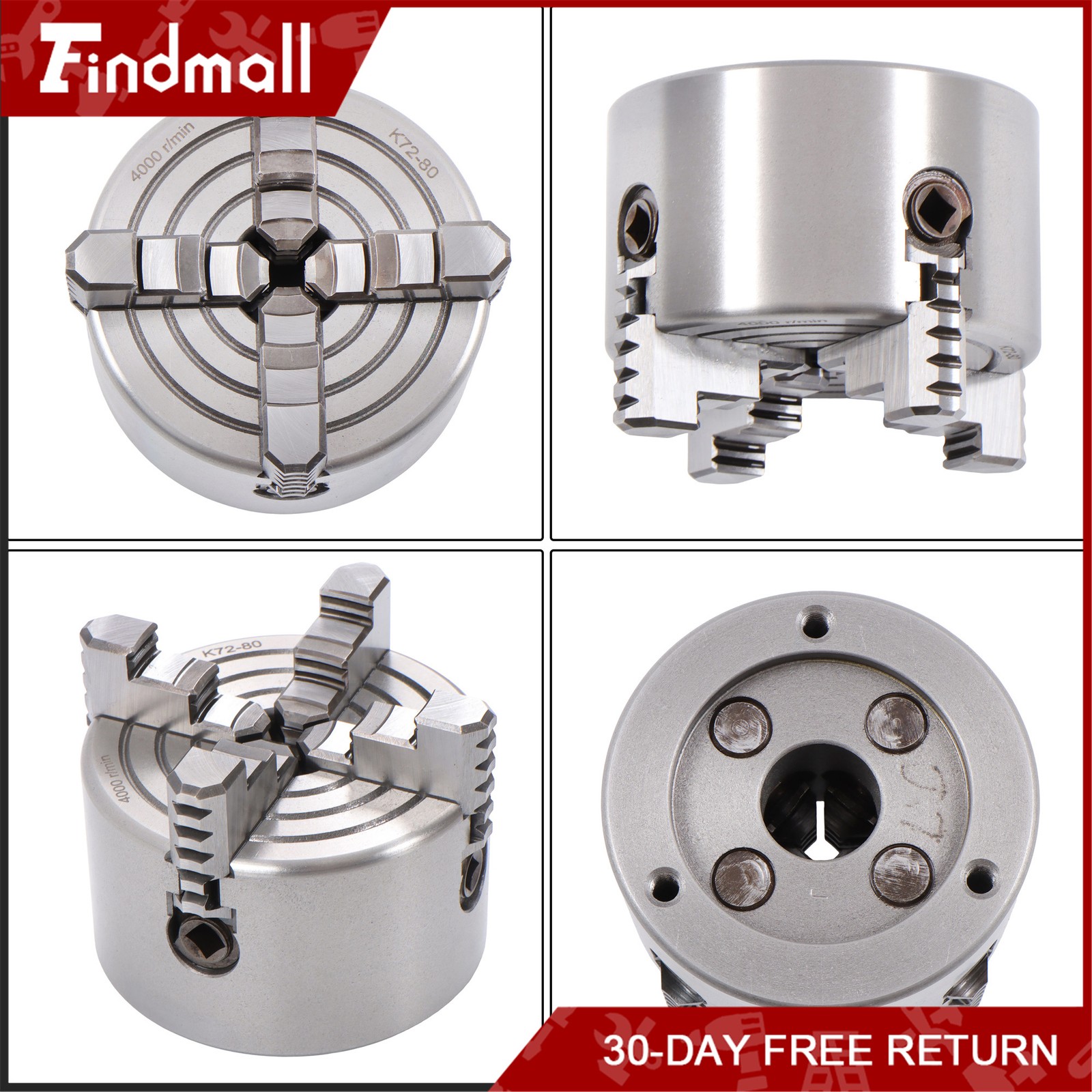 Findmall K72-80 4 Jaw Chuck 3″ 80mm Independent Metal Lathe Chuck