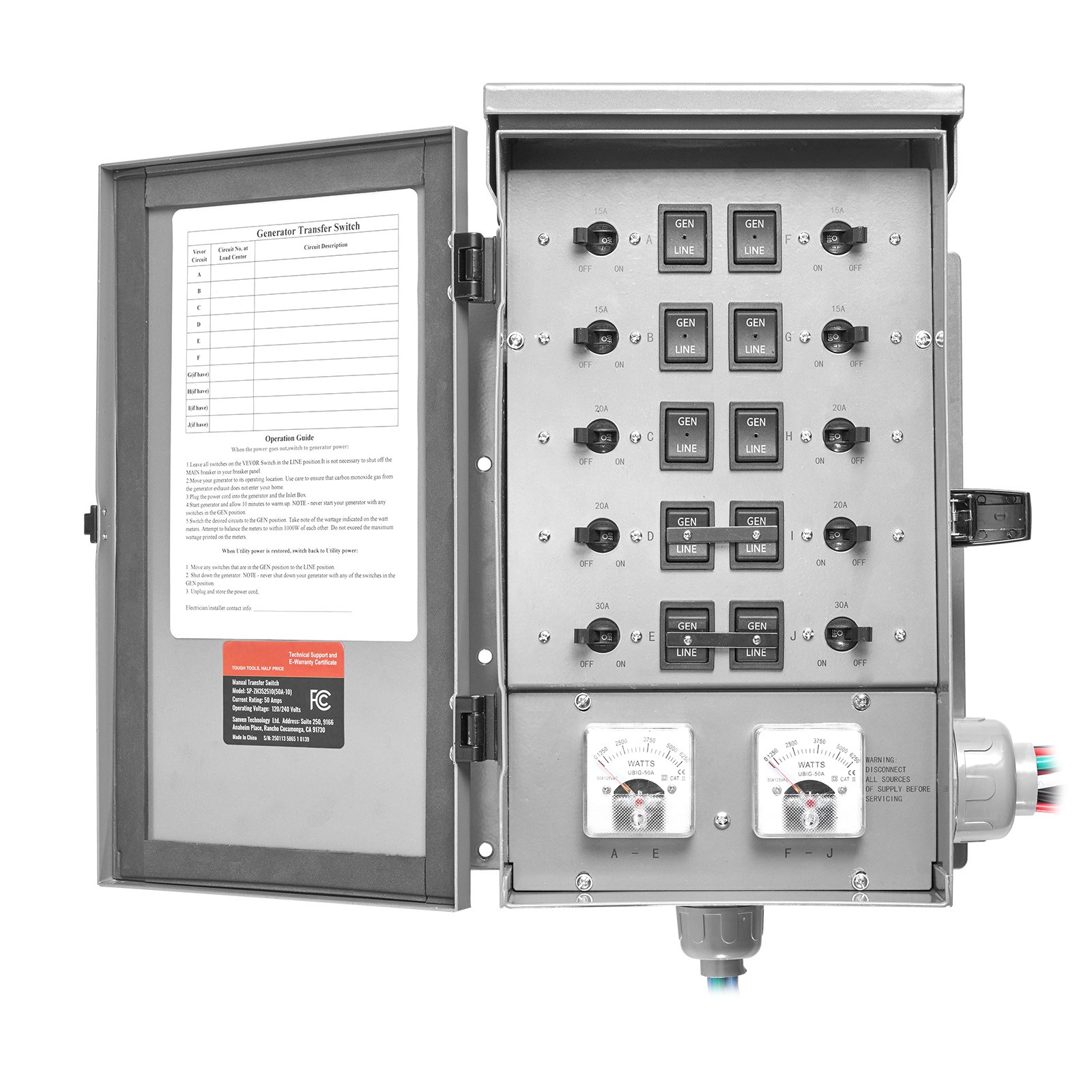 Manual Transfer Switch 50A Generator Transfer Switch Kit NEMA 3R 12500W 120/240V