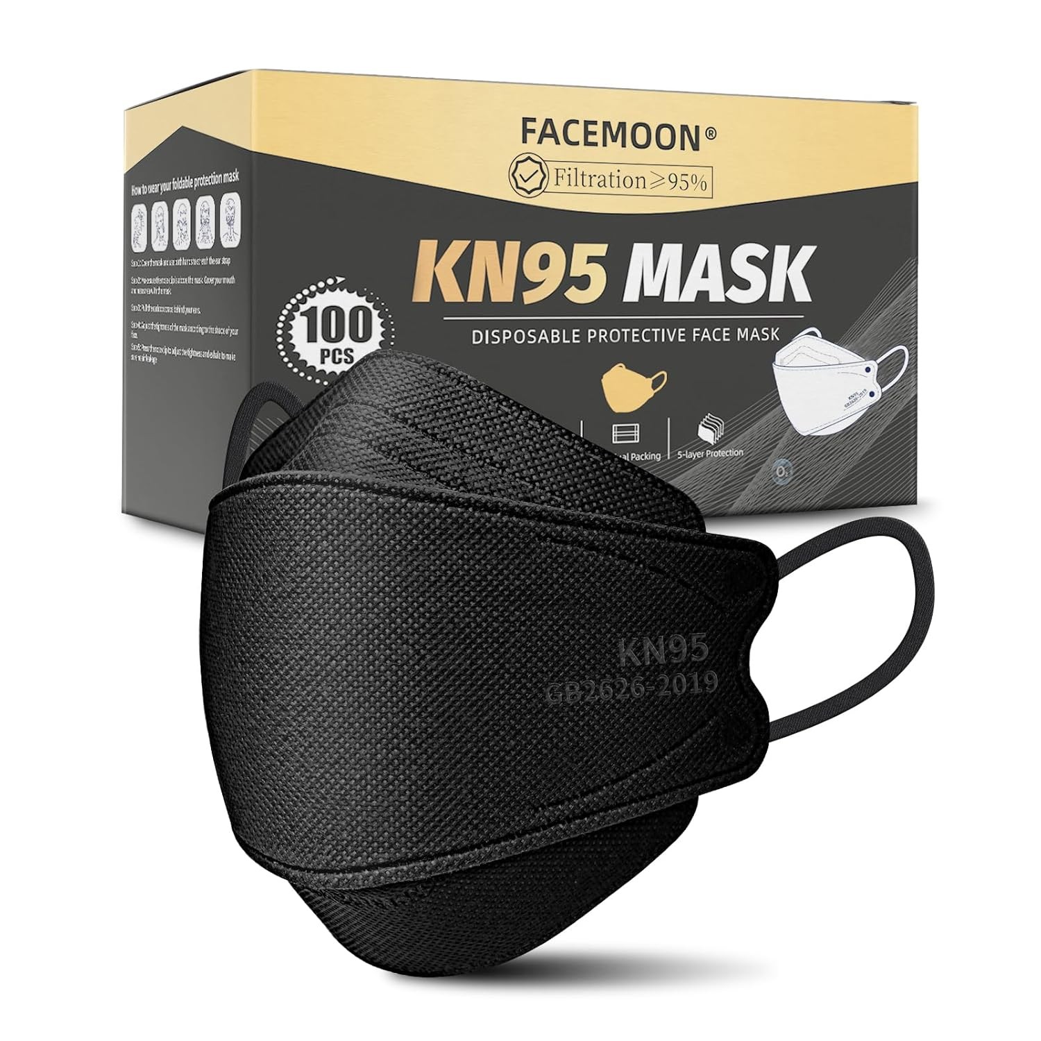 KN95 Face Mask Disposable Adults – 100 Pack 5 1 Count (Pack of 100), Black