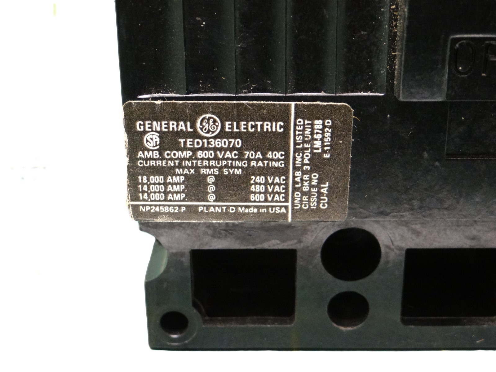 General Electric Circuit Breaker TED136070 3 Pole 70AMPS 600 VAC 18kA@480V