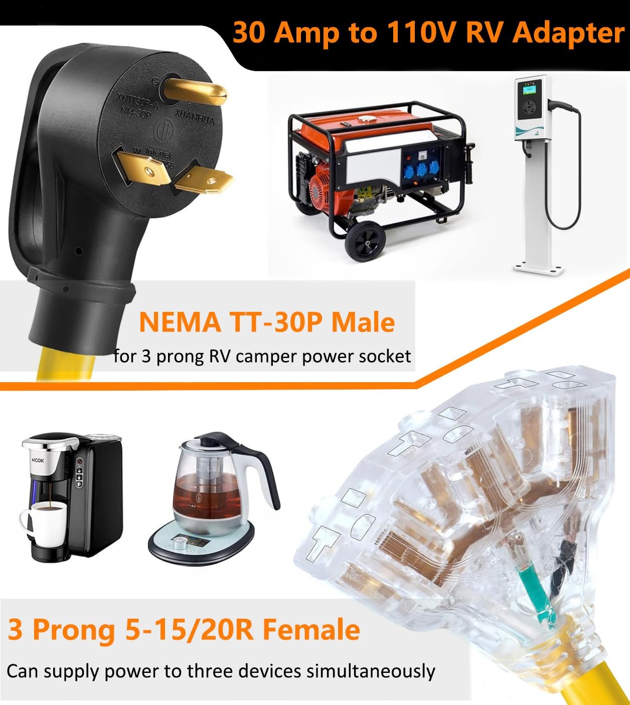 30 Amp to 20 Amp RV Cord Distribution Plug Adapter NEMA TT-30P to 3 5-20R